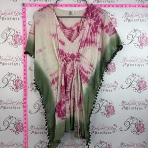 Rip Curl dress coverup cinch detail Pom poms Pink Green Tie-Dye Swim Coverup